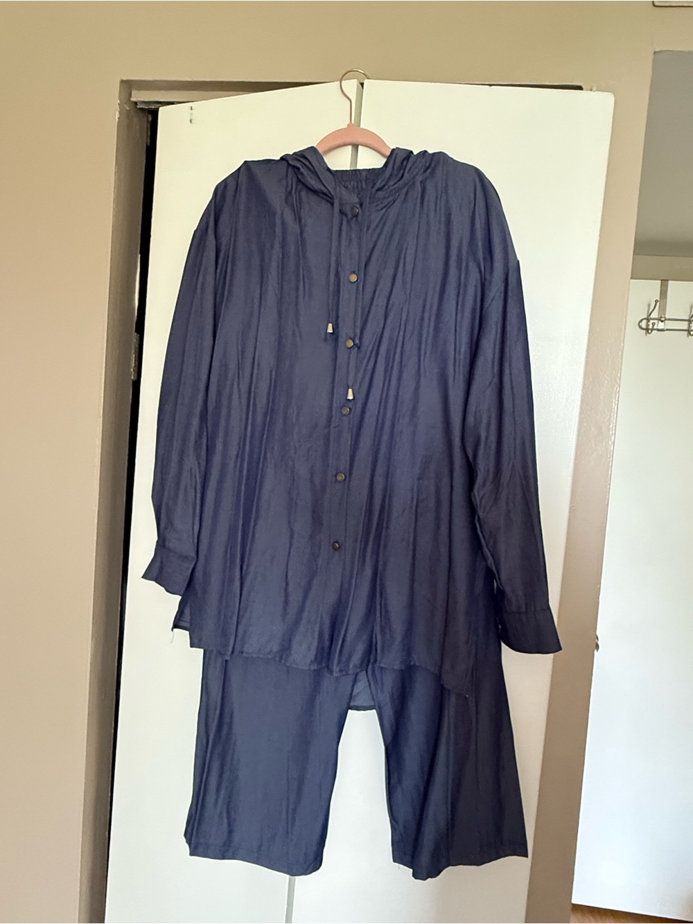 Relaxed Hooded Tunic and Wide-Leg Pants Set - Navy
